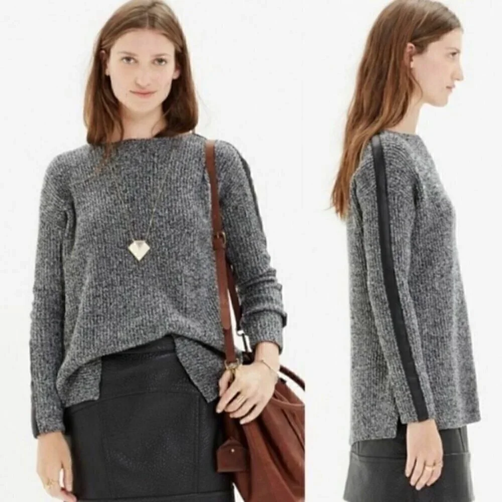 Madewell Merino Wool Marled Gray Leather Trim Ribbed Boatneck Sweater S‌‌‌‌‌‌‌‌